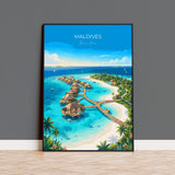 Maldives Indian Ocean Travel Print, Tropical Island Wall Art, Maldives Beach Poster, Overwater Bungalows, Luxury Island Travel Poster