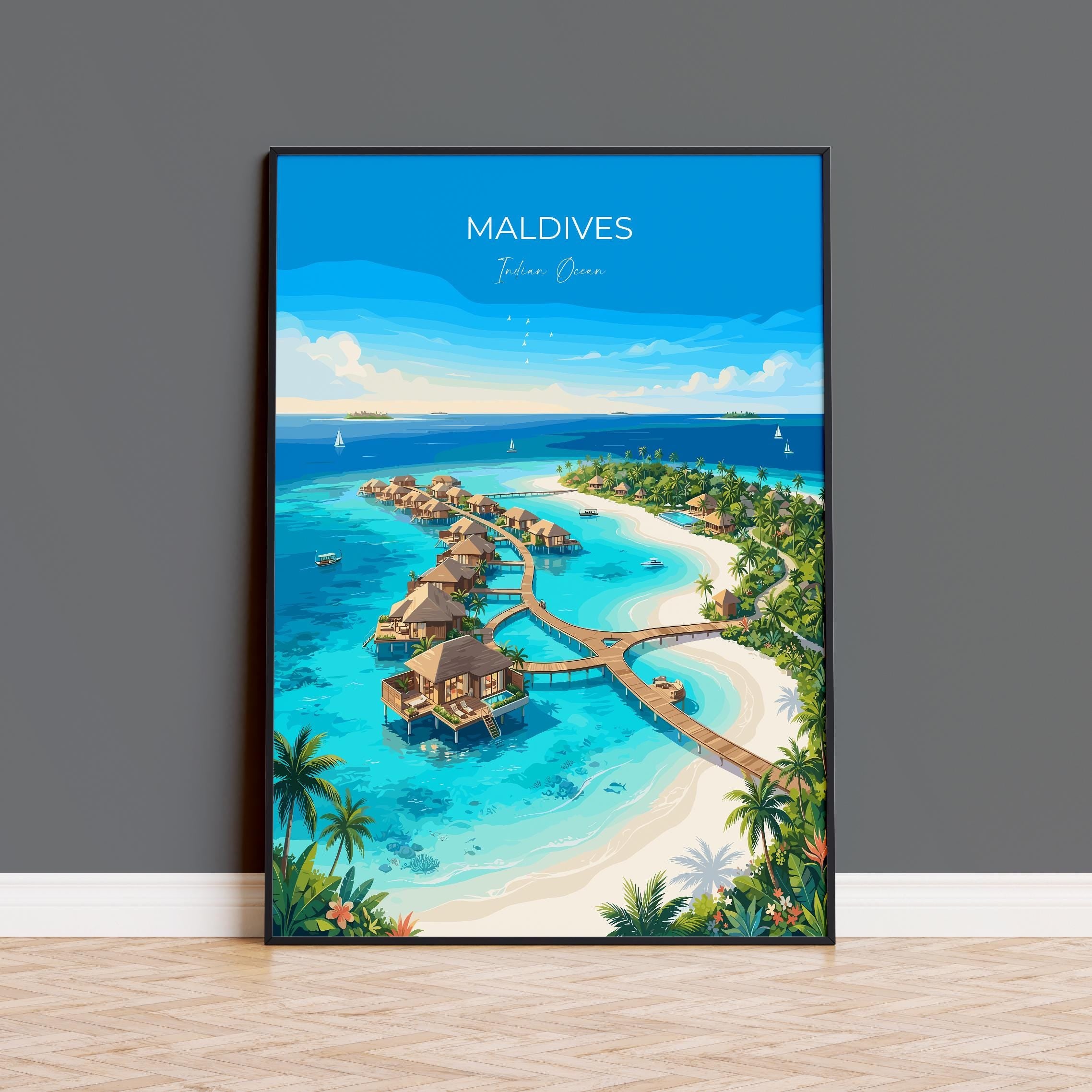 Maldives Indian Ocean Travel Print, Tropical Island Wall Art, Maldives Beach Poster, Overwater Bungalows, Luxury Island Travel Poster