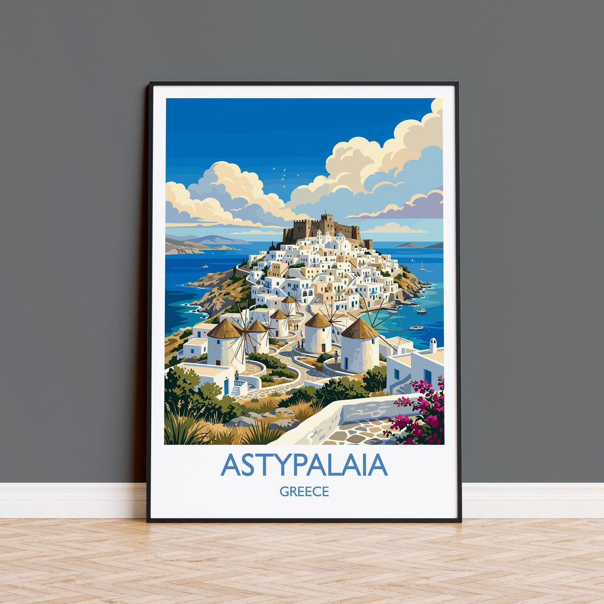 Astypalaia Greece Print, Chora Windmills Wall Art with Border, Greek Island Poster, Dodecanese Travel Print, Astypalaia Gift Print