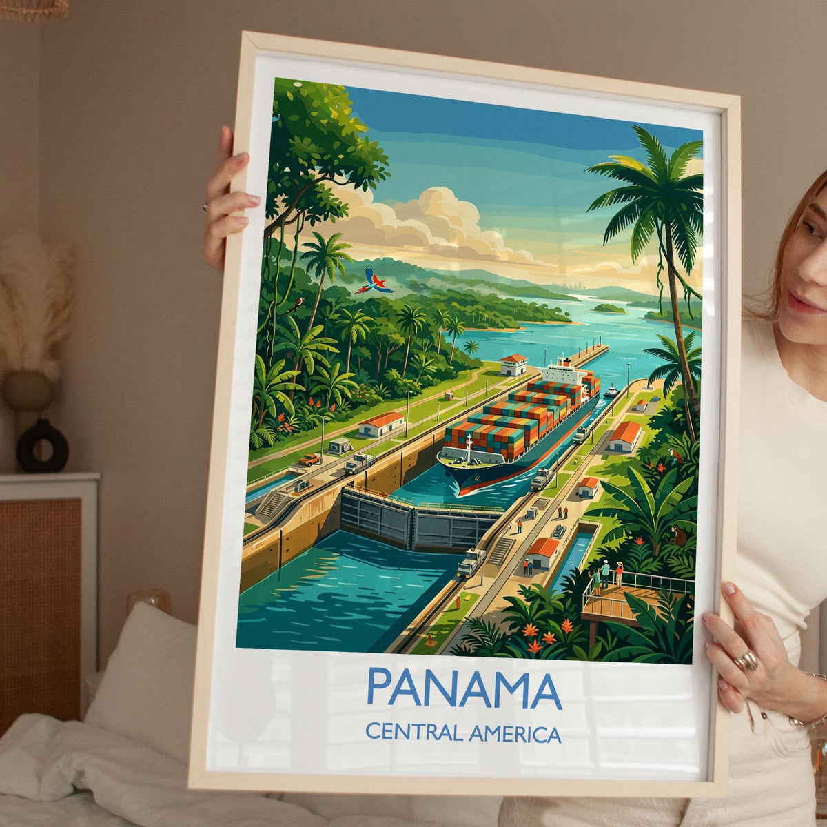Panama Travel Print, Panama Canal Wall Art with Border, Panama City Skyline Poster, Central America Print, Panama Gift Print