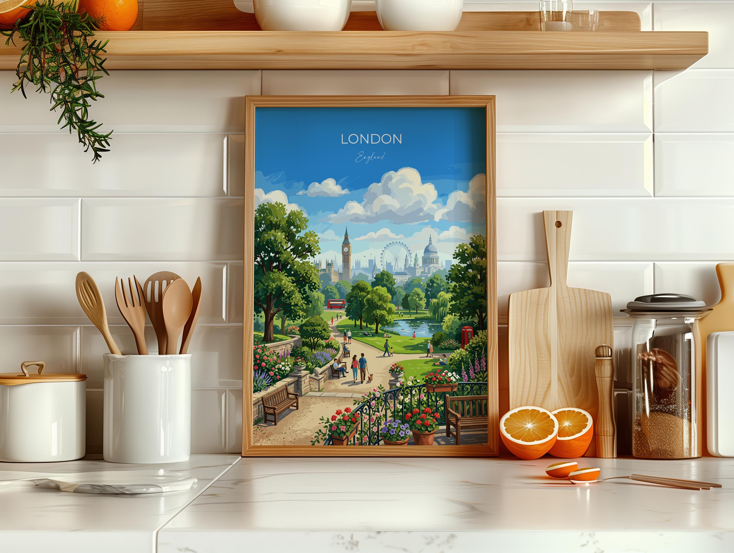 London Skyline Travel Poster, Big Ben & London Eye Wall Art, St Paul’s Cathedral Print, London Park Scene Illustration, Vintage Style UK NQ Media Designs