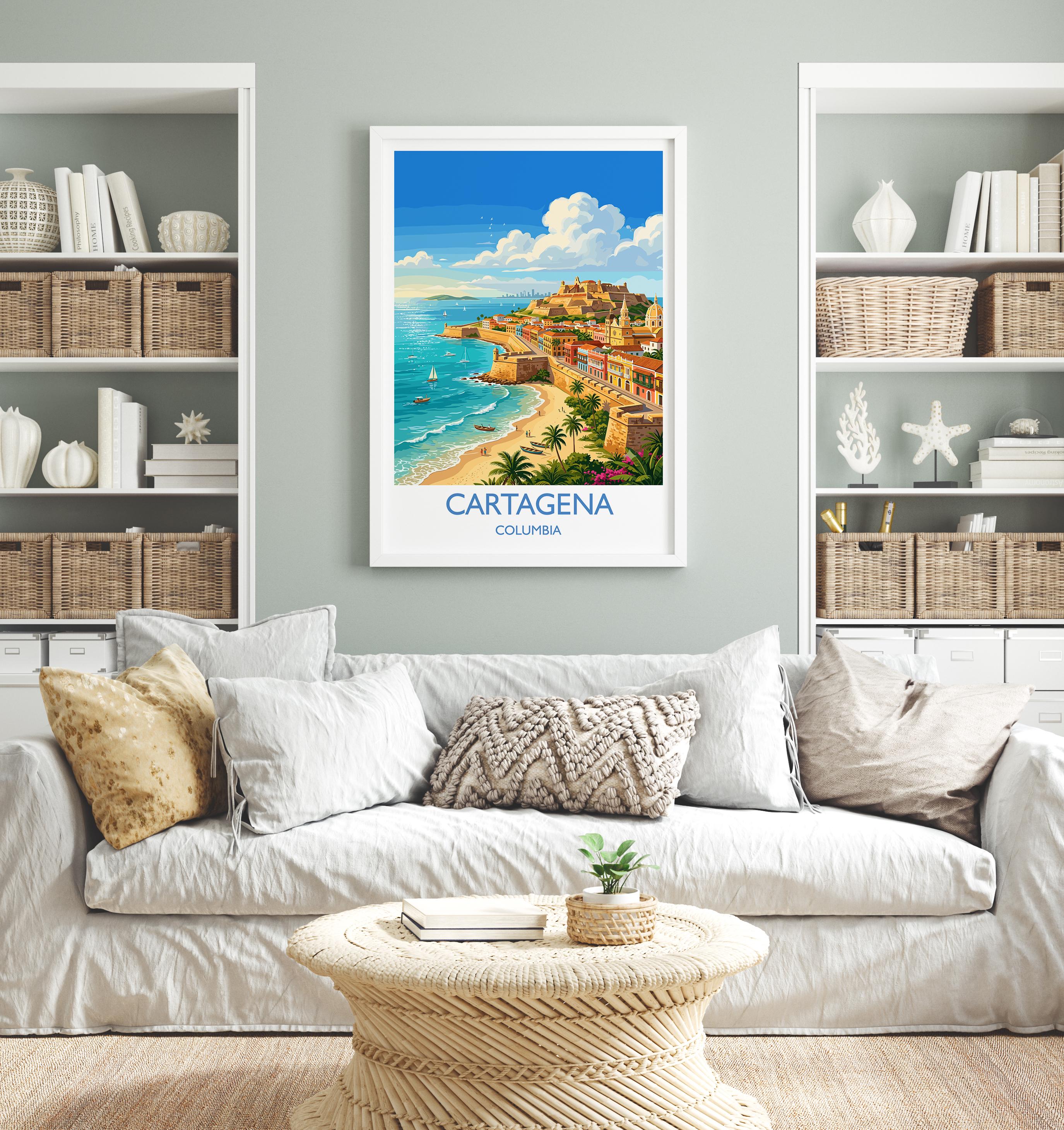 Cartagena Colombia Travel Poster, Colourful Old Town Street Art, Cartagena Street Scene Print, Caribbean Travel Wall Art, Vintage Style Art