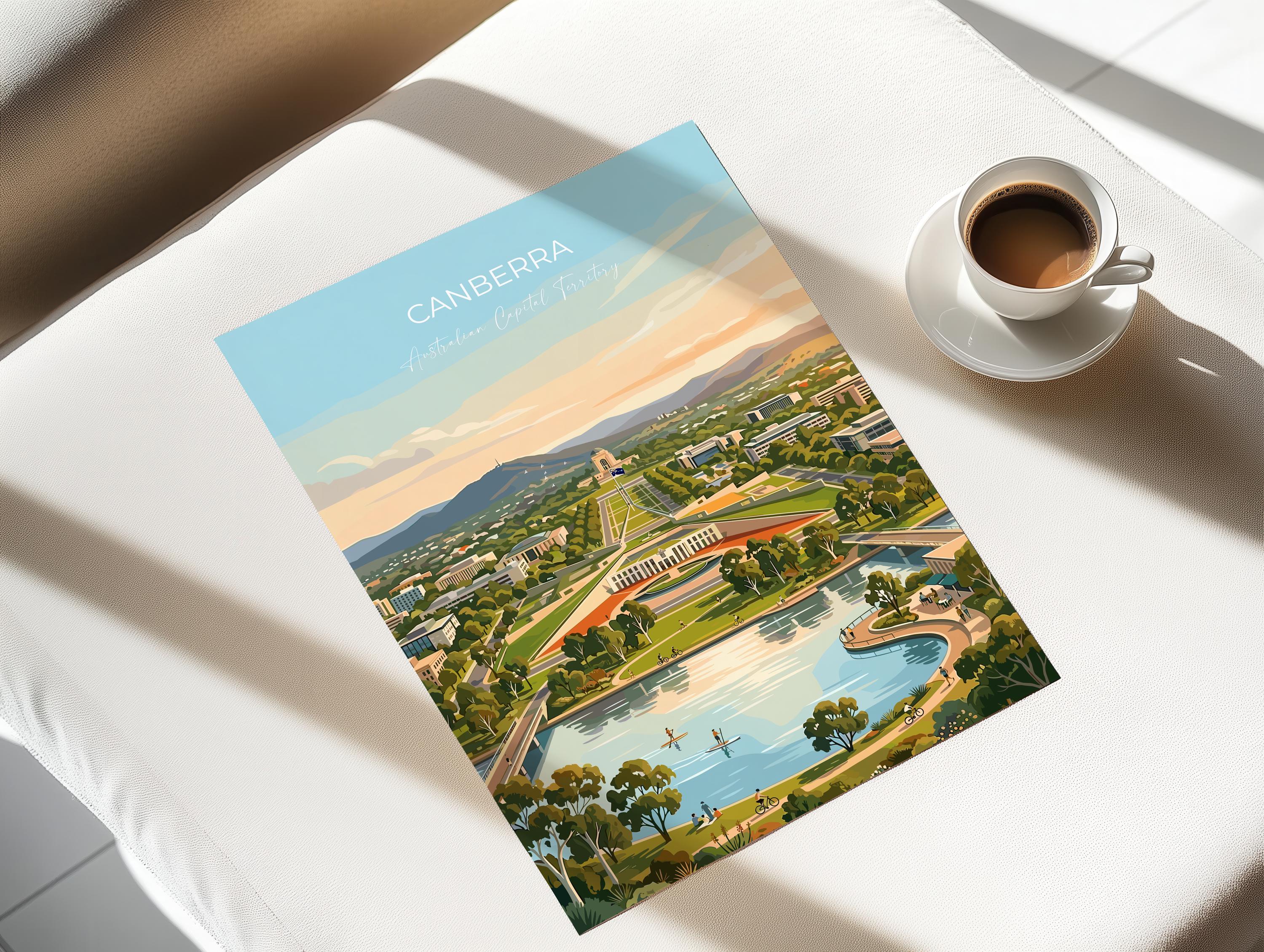 Canberra Australia Travel Poster, Parliament House Wall Art, Australian Capital City Print, Lake Burley Griffin Illustration, Australia Art
