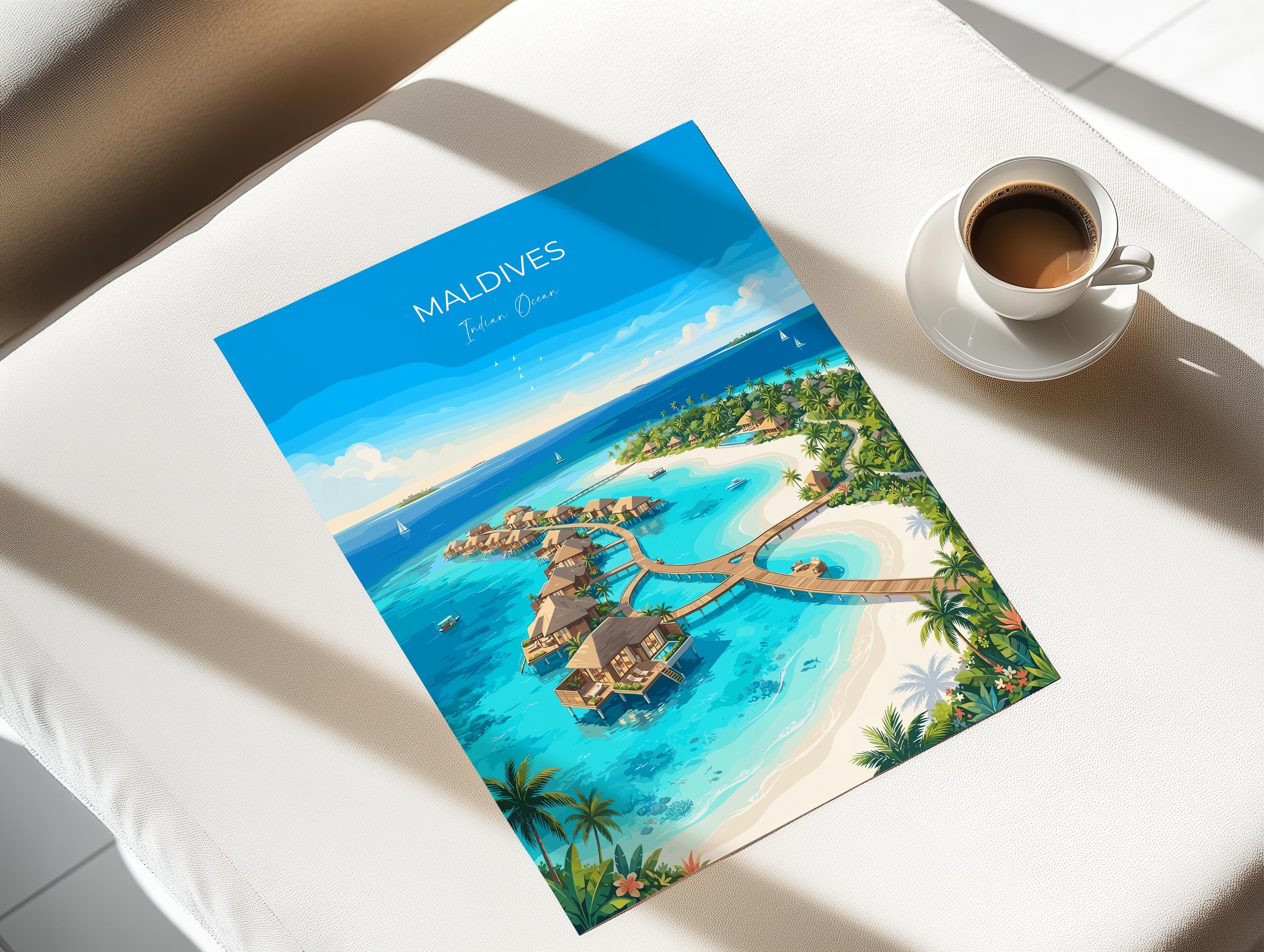 Maldives Indian Ocean Travel Print, Tropical Island Wall Art, Maldives Beach Poster, Overwater Bungalows, Luxury Island Travel Poster