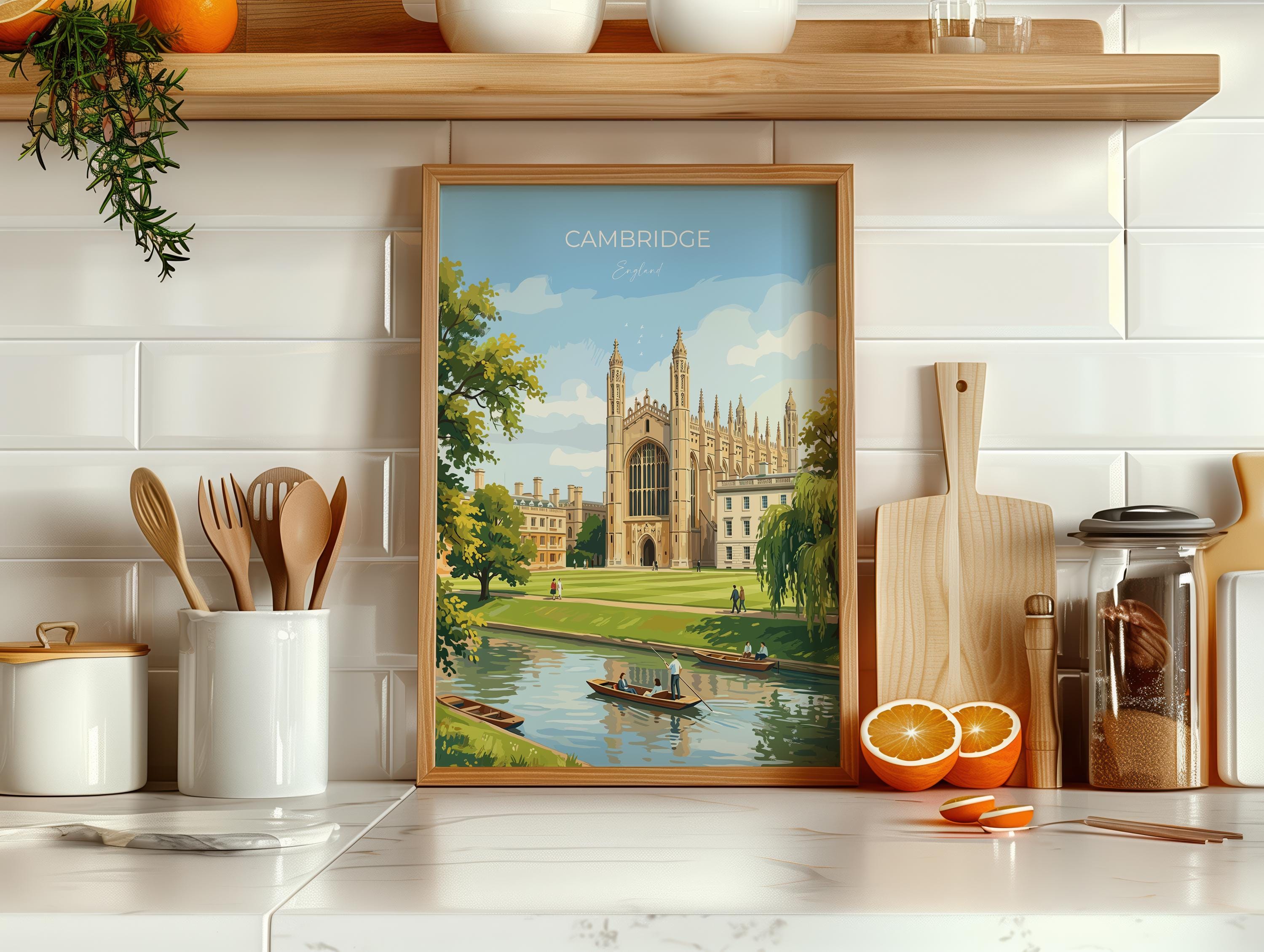 Cambridge Travel Print, Kings College Cambridge Wall Art, River Cam Punting Scene Poster, Historic University Illustration, City Style UK NQ Media Designs