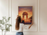 Delhi India Travel Print, India Gate Wall Art, New Delhi Landmark Poster, Monument Sunset Illustration, Vintage Style Asia, India Gift