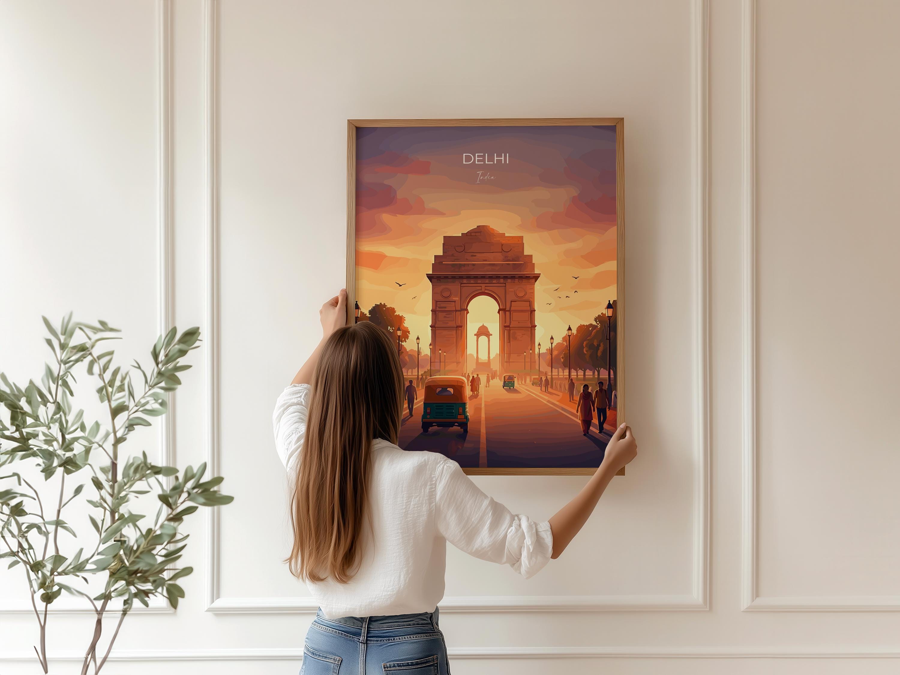 Delhi India Travel Print, India Gate Wall Art, New Delhi Landmark Poster, Monument Sunset Illustration, Vintage Style Asia, India Gift