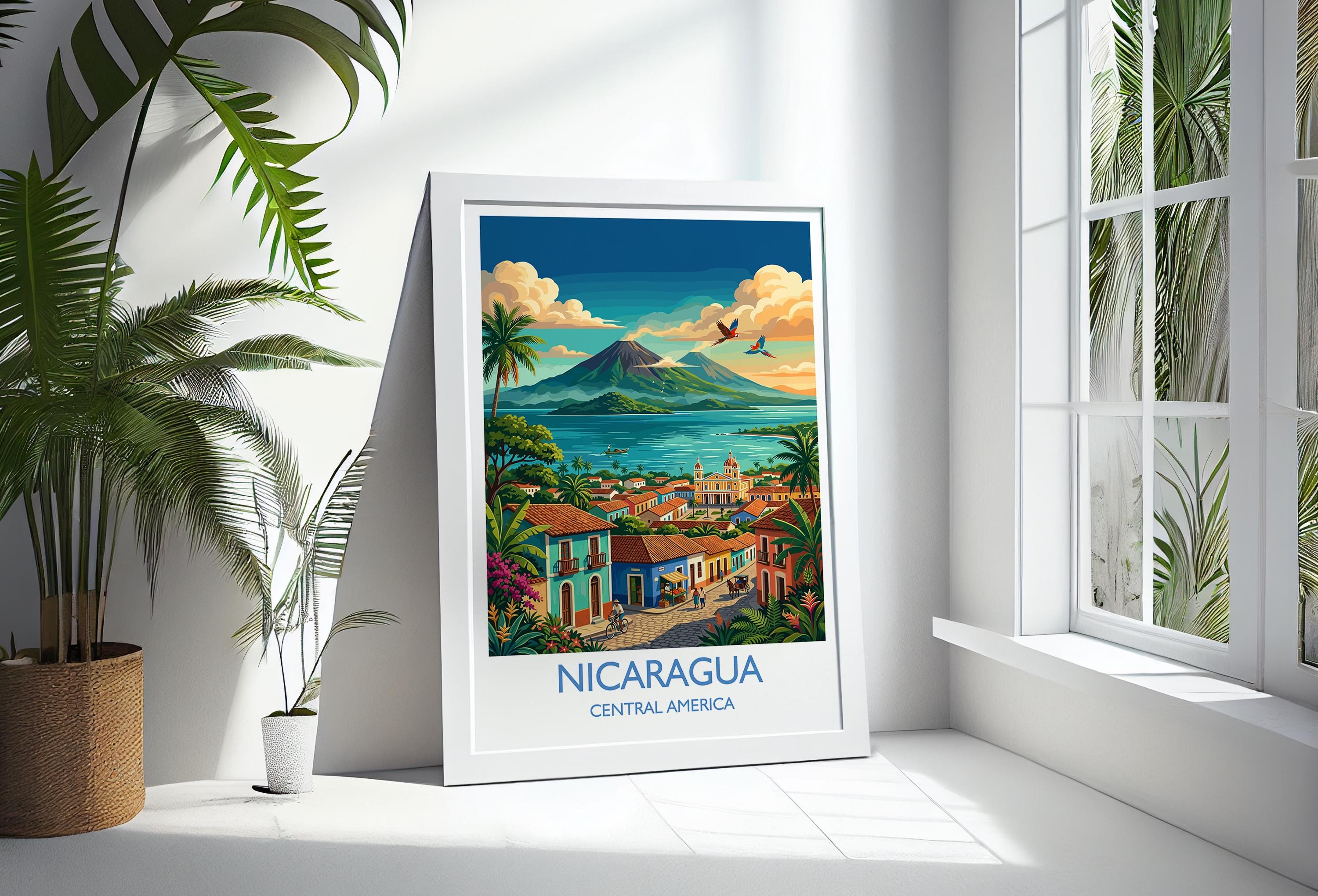 Nicaragua Travel Print, Granada Cathedral Wall Art with Border, Ometepe Volcano Poster, Lake Nicaragua Print, Central America Travel Print
