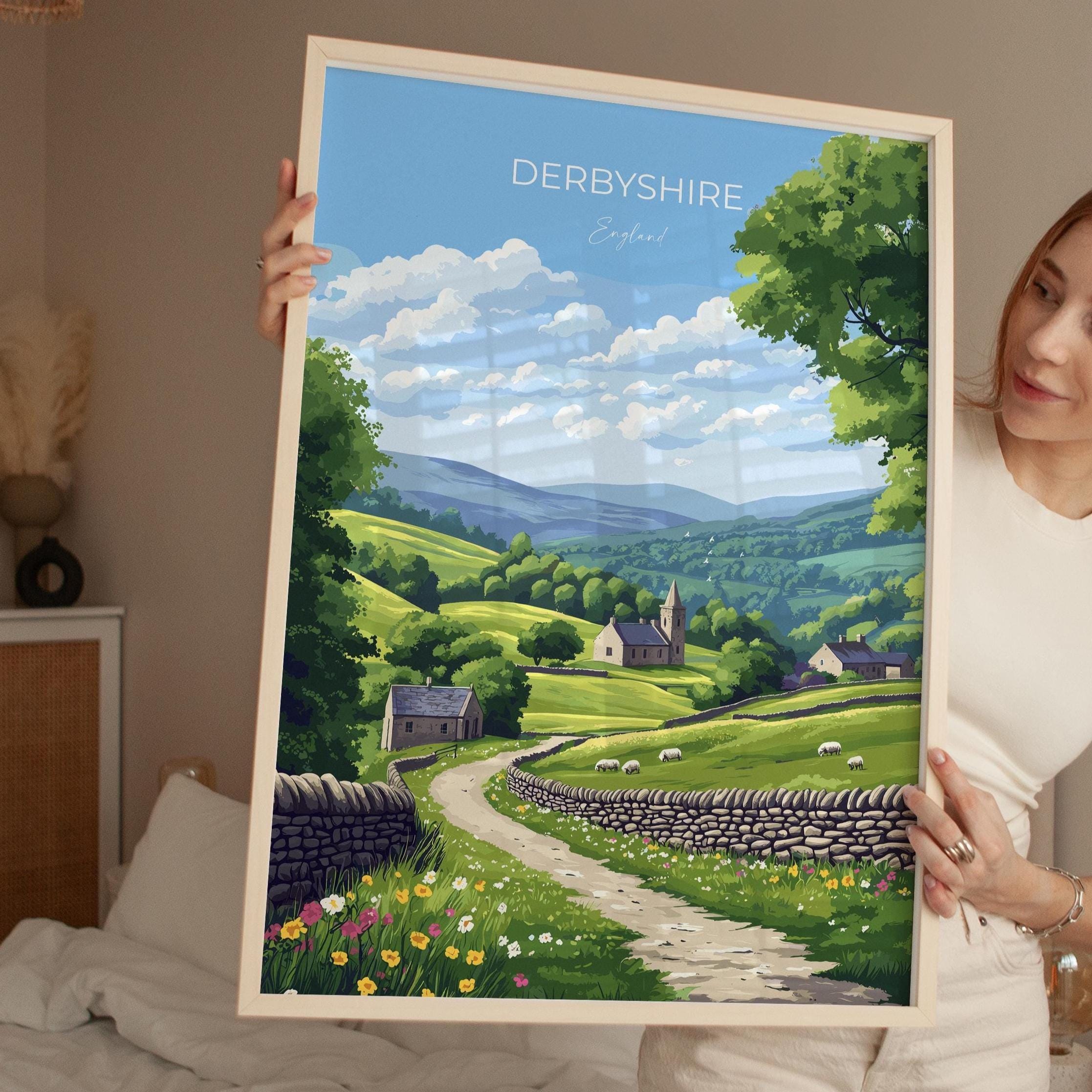 Derbyshire Travel Print Wall Art, Derbyshire Travel Poster, English Countryside Art Gift, Wall Art Print NQ Media Designs