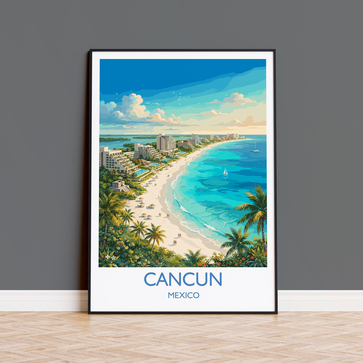 Cancun Mexico Print, Beach Wall Art with Border, Caribbean Poster, Mexico Travel Print, Cancun Gift Print