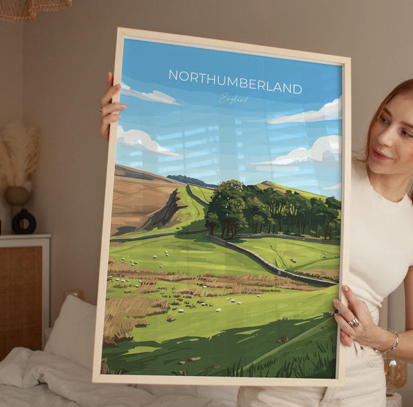 Northumberland Travel Poster, Travel Print of Northumberland Countryside, Hadrians Wall, England, Housesteads Fort Art, Wall Art Print