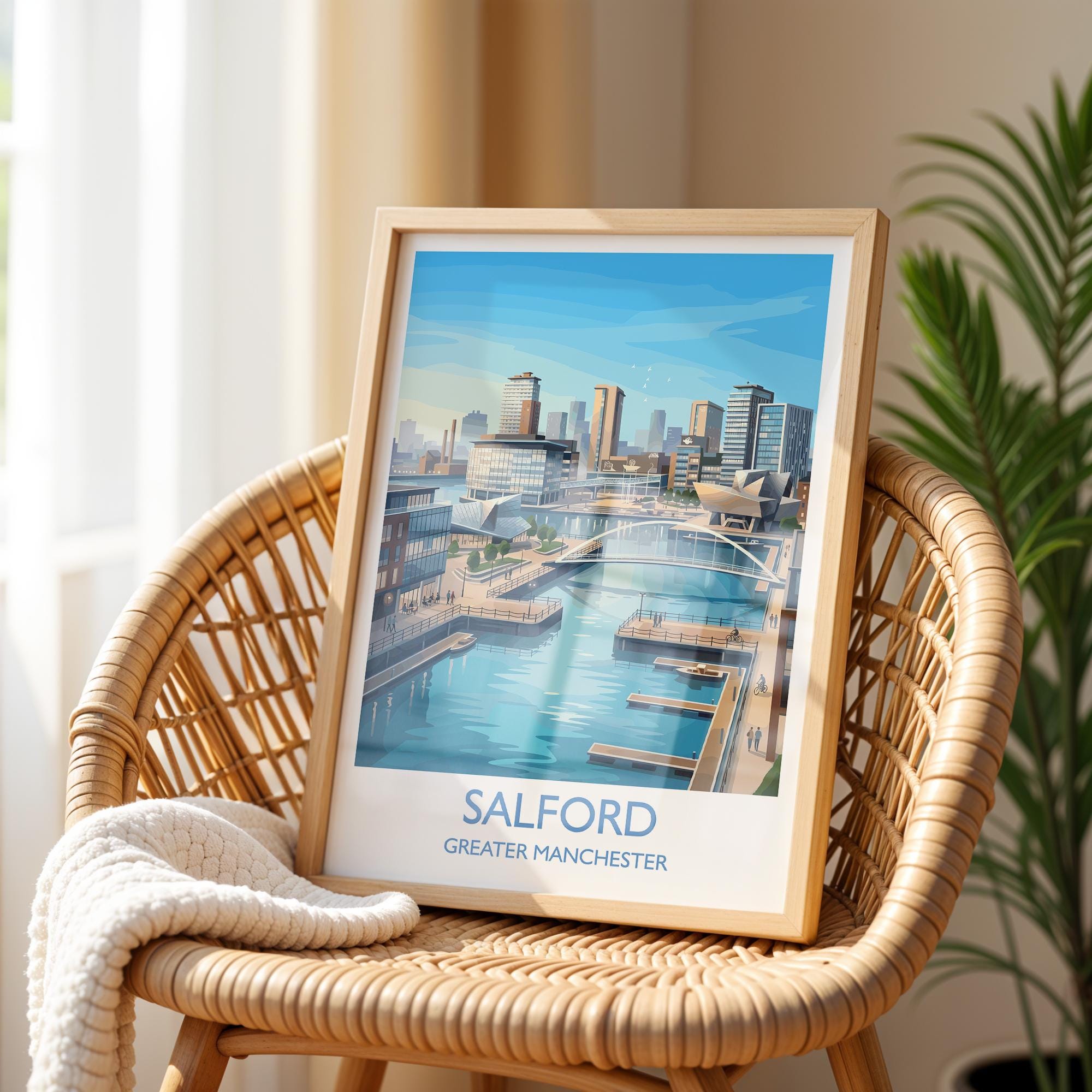 Salford Quays Travel Poster, Salford Manchester Wall Art, MediaCityUK Waterfront Print, Modern Skyline Illustration, Vintage Style UK Decor