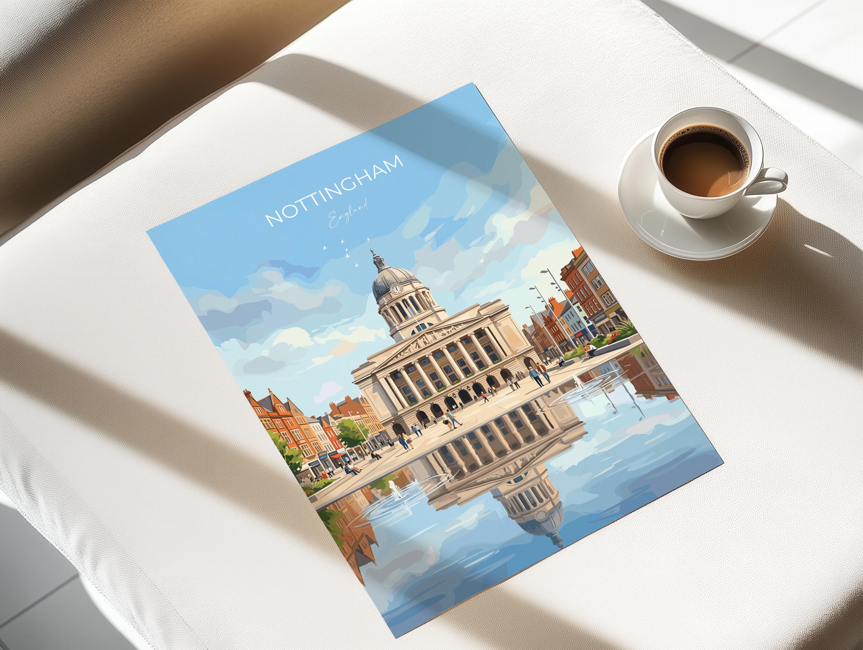 Nottingham Travel Print, Exchange Building Wall Art, Old Market Square Poster, Nottingham City Illustration, UK City Decor, Nottingham Gift