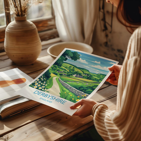 Derbyshire Travel Poster Wall Art, Derbyshire Travel Print, English Countryside Art Gift, Wall Art Print