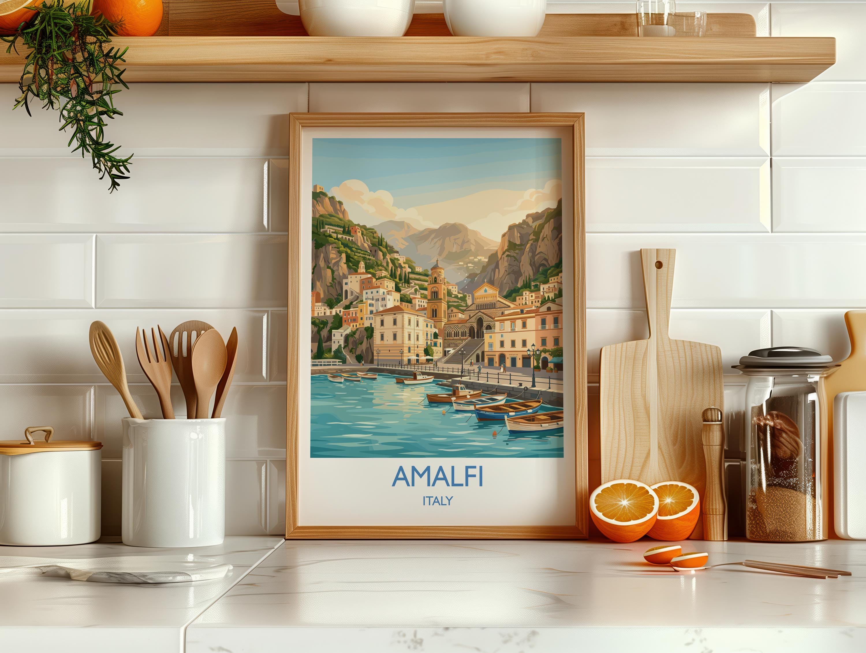 Amalfi Italy Travel Poster, Amalfi Coast Wall Art, Mediterranean Seaside Print, Colourful Coastal Village Illustration, Vintage Europe Decor