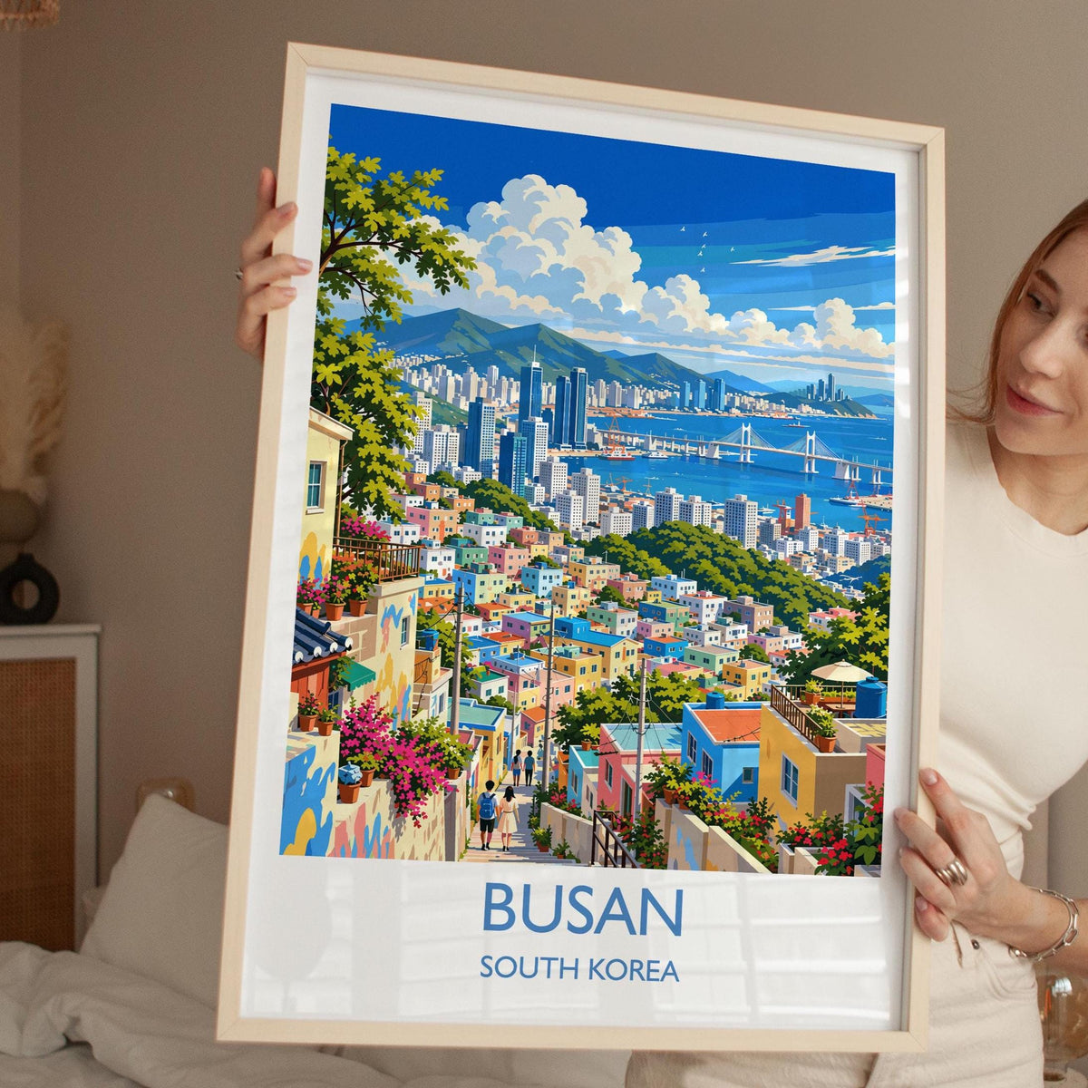 Busan Travel Print, South Korea Wall Art with Border, Gamcheon Culture Village Poster, Gwangan Bridge Art Print, Busan Gift
