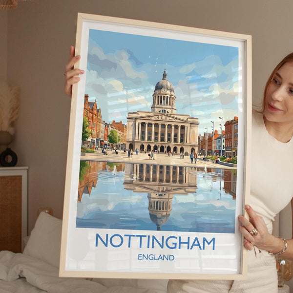 Nottingham Travel Poster, Exchange Building Wall Art, Old Market Square Print, Nottingham City Illustration, UK City Decor, Nottingham Gift