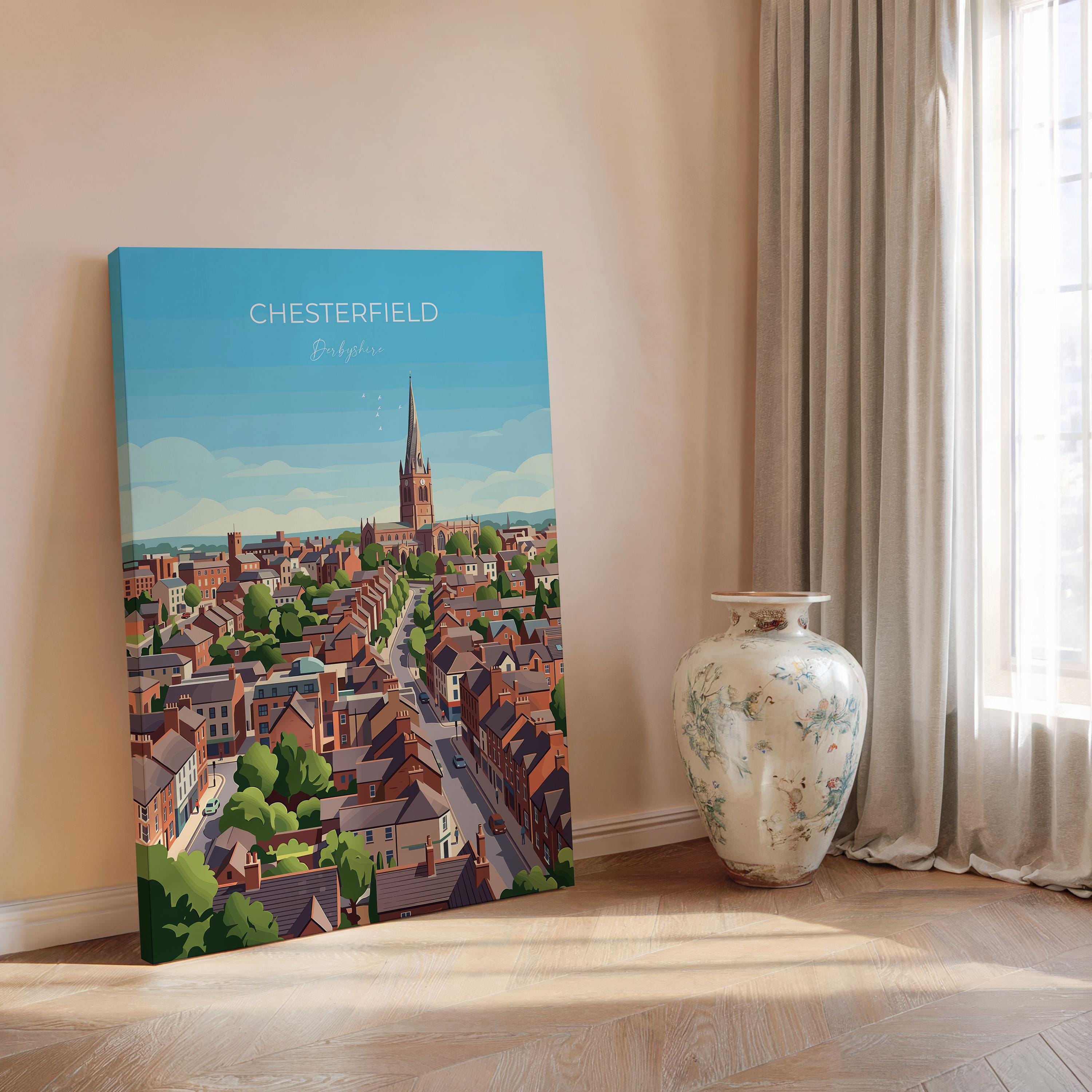 Chesterfield Travel Poster, Crooked Spire Church Wall Art, Derbyshire Town Print, St Marys Church Illustration, Chesterfield Gift