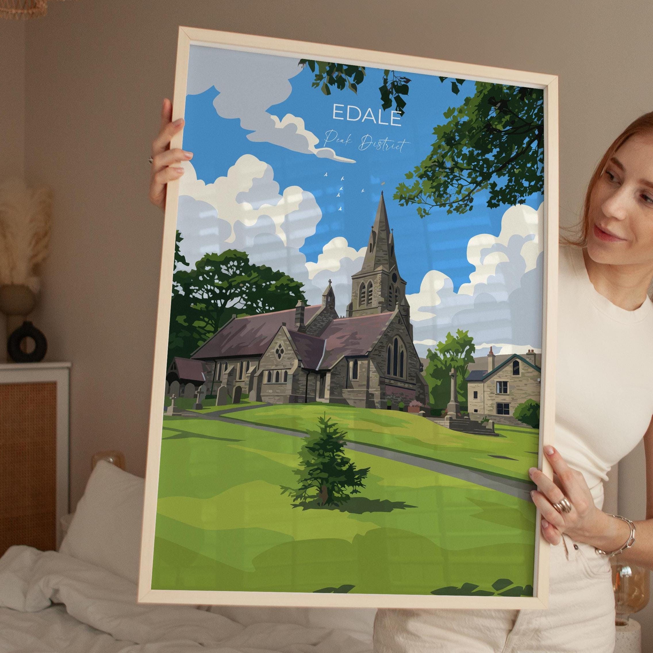 Edale Village, Peak District Travel Poster Wall Art, Travel Print of Peak District, Derbyshire, English Countryside NQ Media Designs