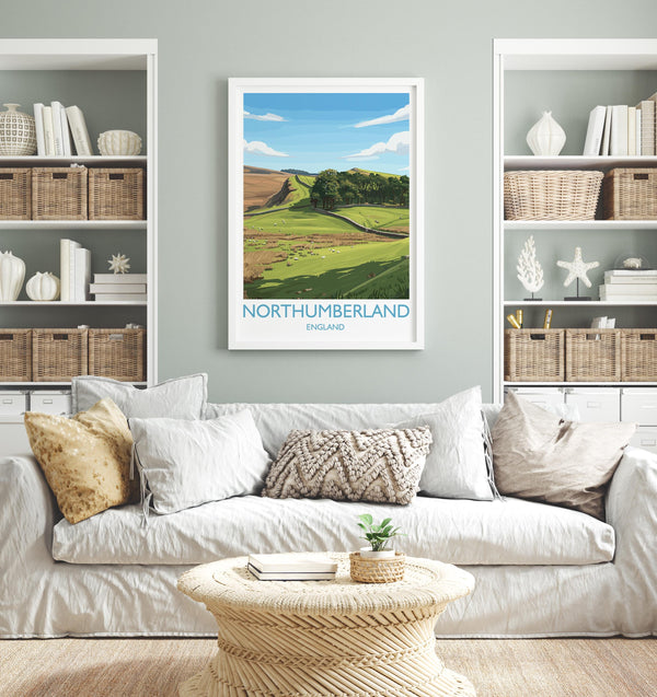 Northumberland Travel Print, Travel Poster of Northumberland Countryside, Hadrians Wall, England, Housesteads Fort Art, Wall Art Print