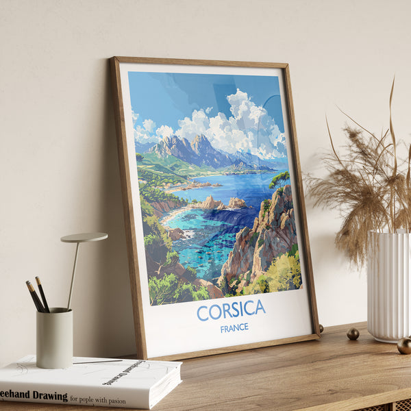 a picture of a scenic landscape on a wooden shelf