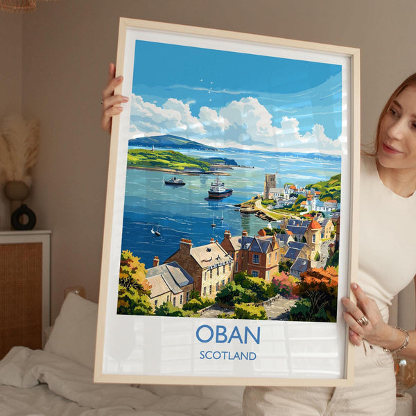 Oban Wall Art Print – Scenic Scotland Travel Poster, Harbour & Coastal Illustration, Gift for Travel Lovers