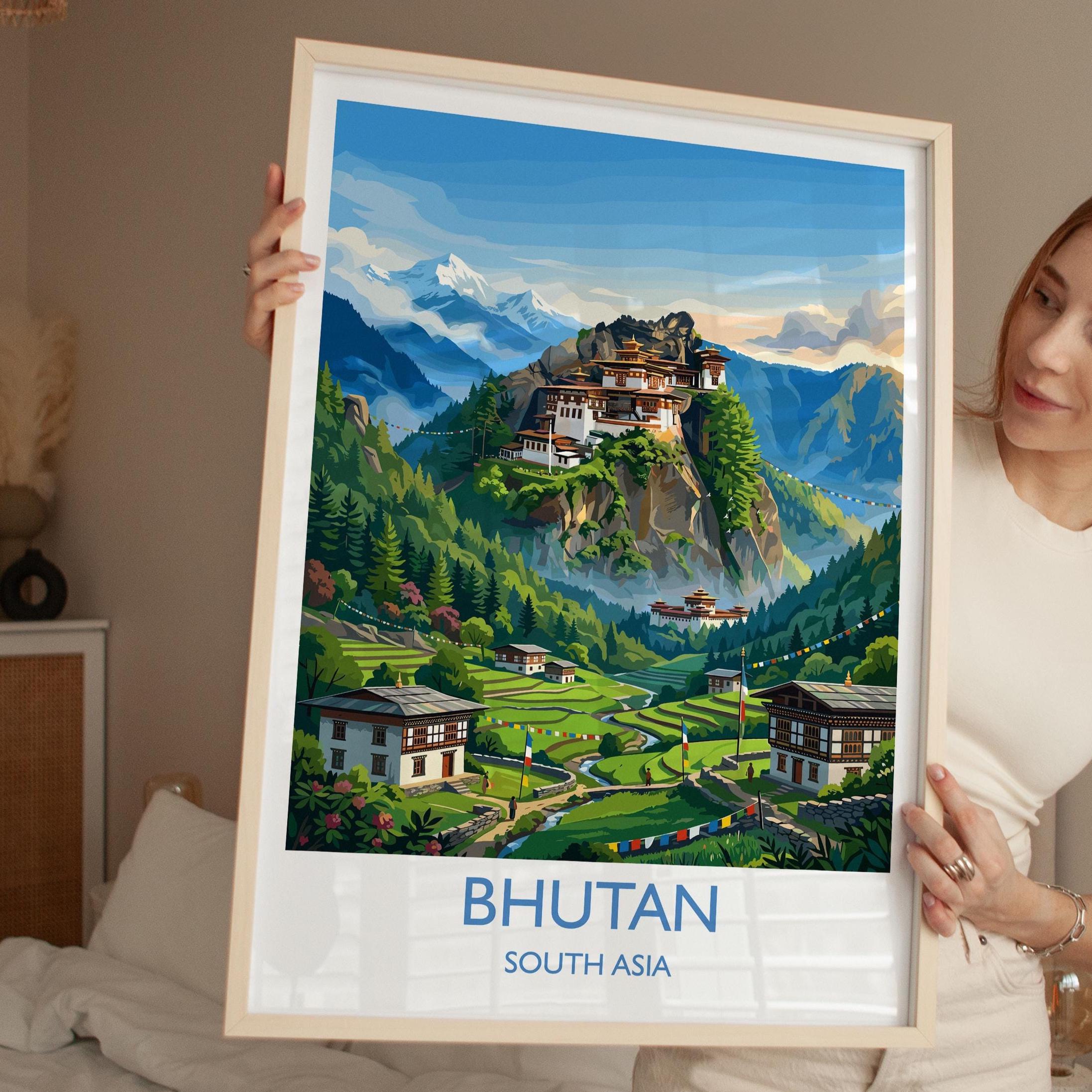 Bhutan South Asia Travel Poster, Himalayan Mountains Wall Art, Tiger's Nest Monastery Print, Bhutan Landscape, Vintage Travel Poster