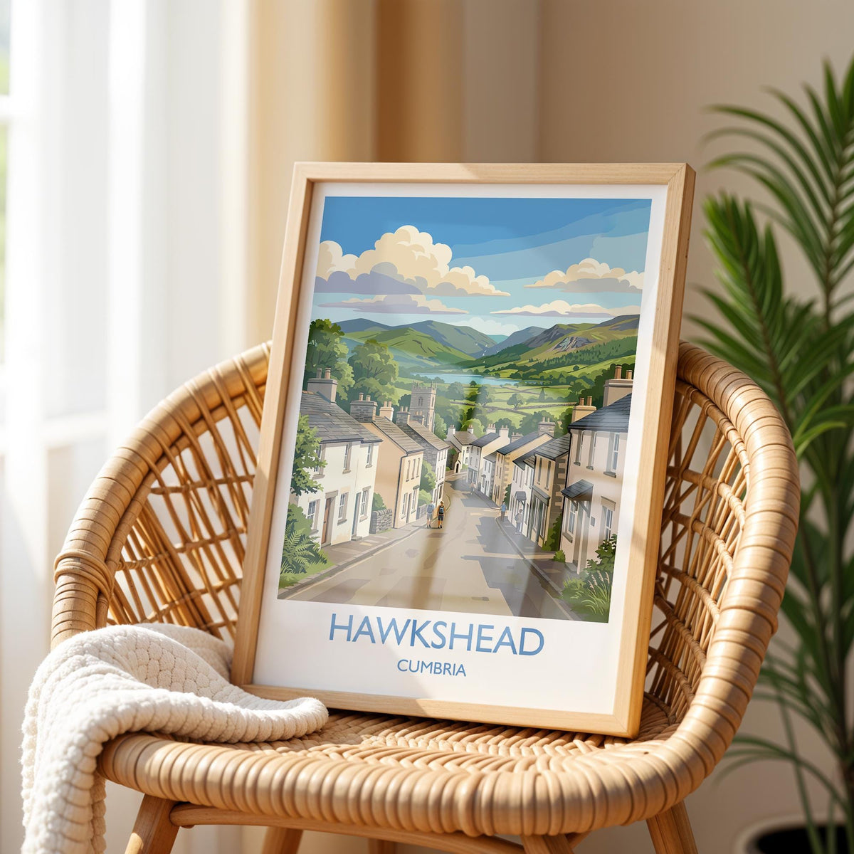 Hawkshead Print, Lake District Wall Art with Border, Cumbria Poster, England Travel Print, Hawkshead Gift Print