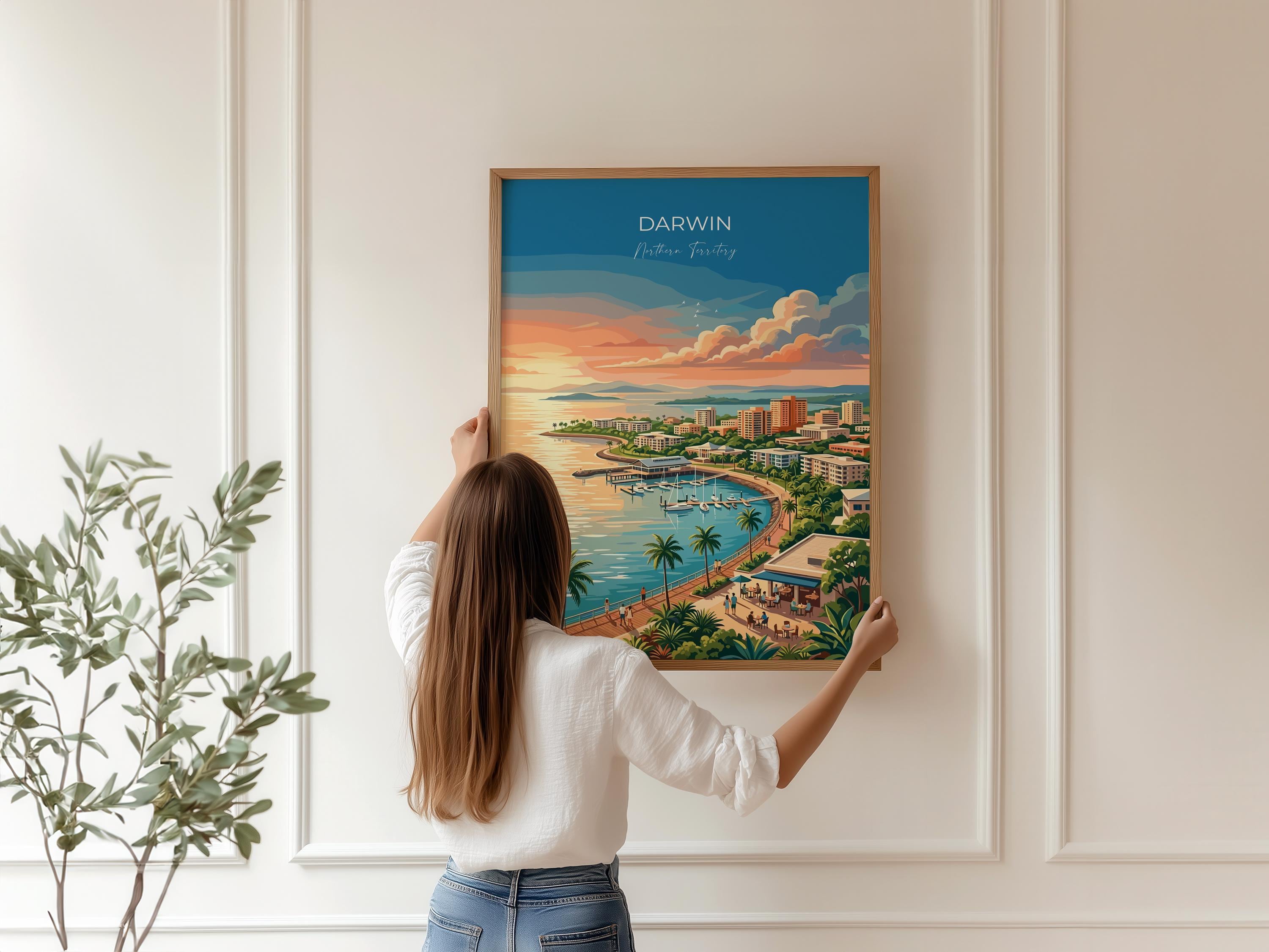 Darwin Australia Travel Print, Darwin Waterfront Wall Art, Northern Territory Poster, Tropical Cityscape Illustration, Australia Art Decor