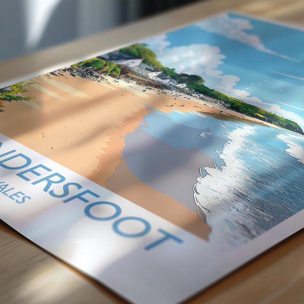 Saundersfoot Travel Poster – Pembrokeshire Coast Art with Wooden Frame Options