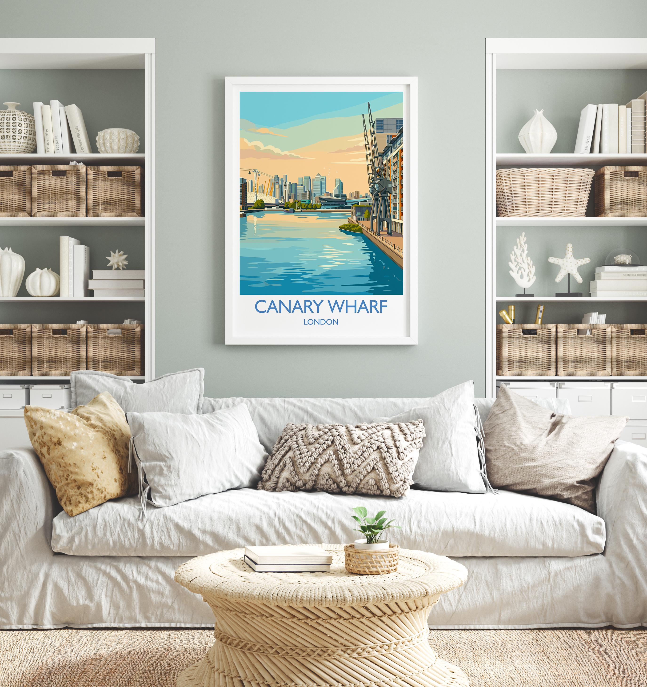 Canary Wharf London Travel Poster, Royal Victoria Dock Wall Art, London Skyline Print, O2 & Cable Car, East London Travel Poster