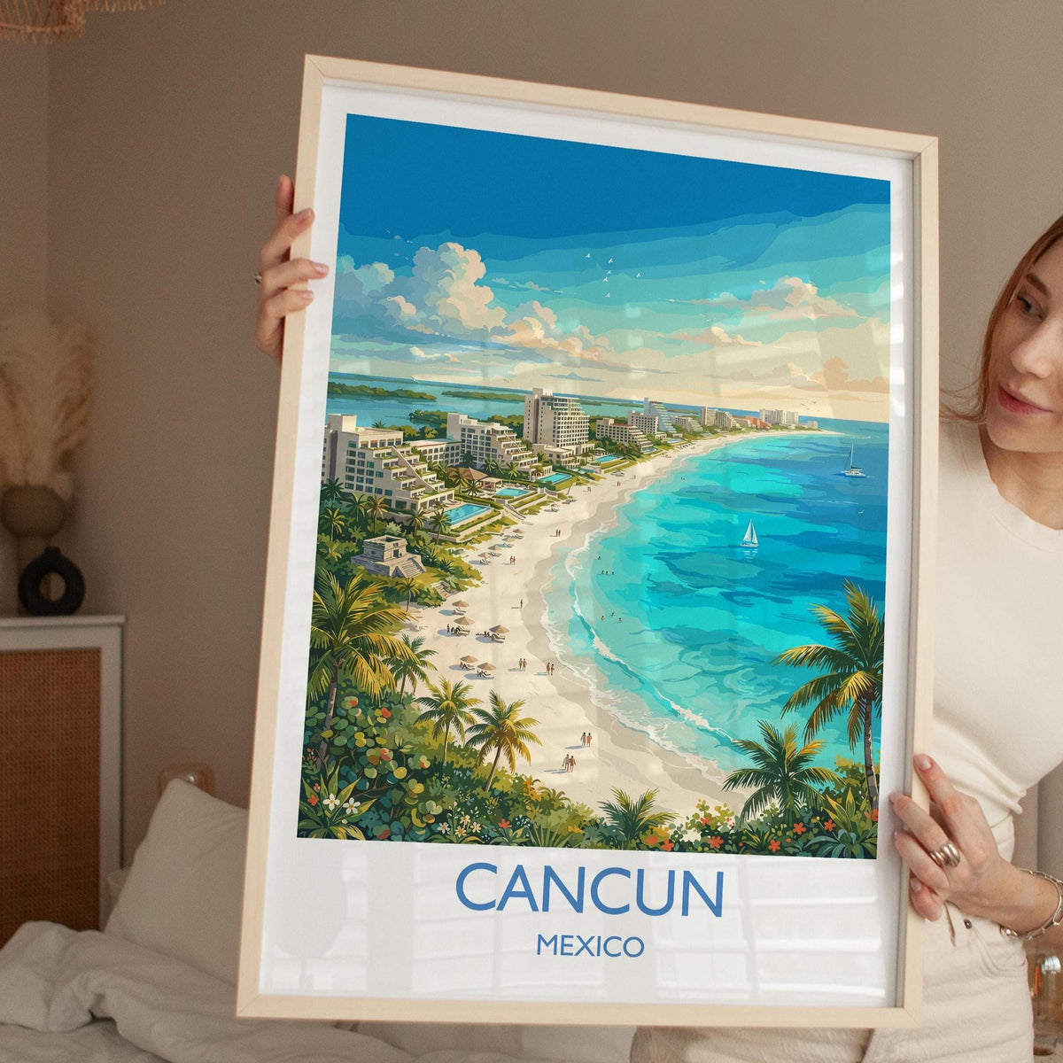 Cancun Mexico Print, Beach Wall Art with Border, Caribbean Poster, Mexico Travel Print, Cancun Gift Print