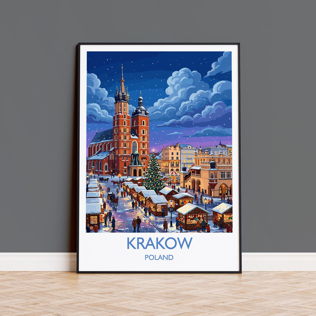 Krakow Christmas Market Print, Poland Winter Wall Art with Border, St Mary’s Basilica Poster, Festive Travel Print, Krakow Gift