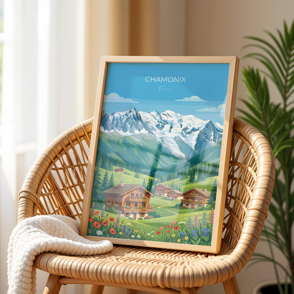 Chamonix Travel Poster Wall Art, Travel Print of Chamonix, French Alps Summer Art Lovers Gift, Wall Art Print