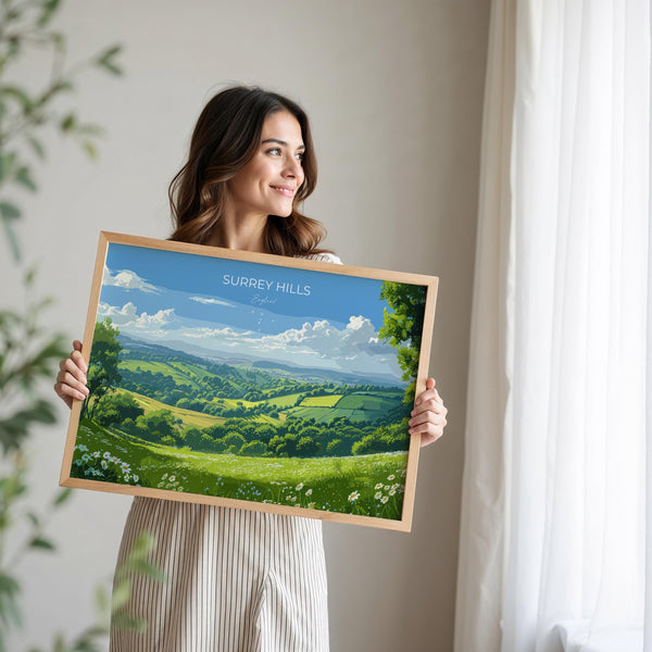 Surrey Hills Landscape Travel Poster Wall Art, Surrey Hills Travel Print, English Countryside Art Gift, Wall Art Print