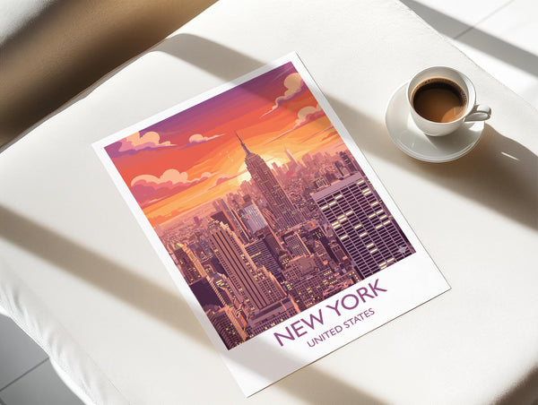 New York City Art Print, Manhattan Sunset Skyline View, Empire State, Travel Poster
