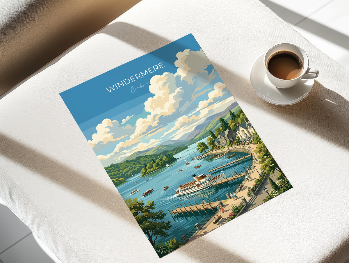 Windermere Poster, Lake District Wall Art, Cumbria Print, England Travel Poster, Windermere Gift