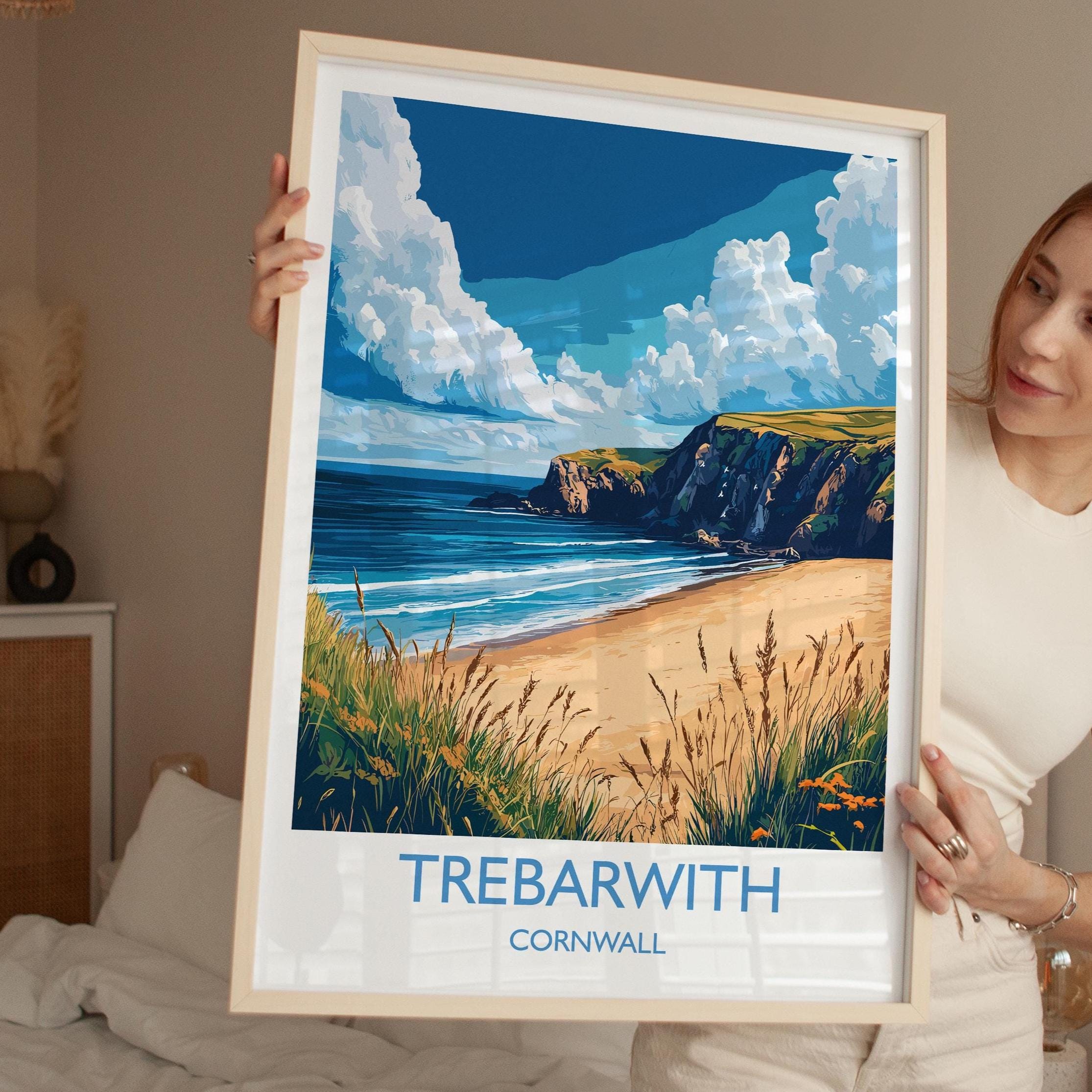 Trebarwith Travel Print, Travel Poster of Trebarwith, England, Cornwall Art, Trebarwith Art Lovers Gift, Wall Art Print NQ Media Designs