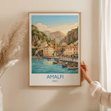 Amalfi Italy Travel Poster, Amalfi Coast Wall Art, Mediterranean Seaside Print, Colourful Coastal Village Illustration, Vintage Europe Decor