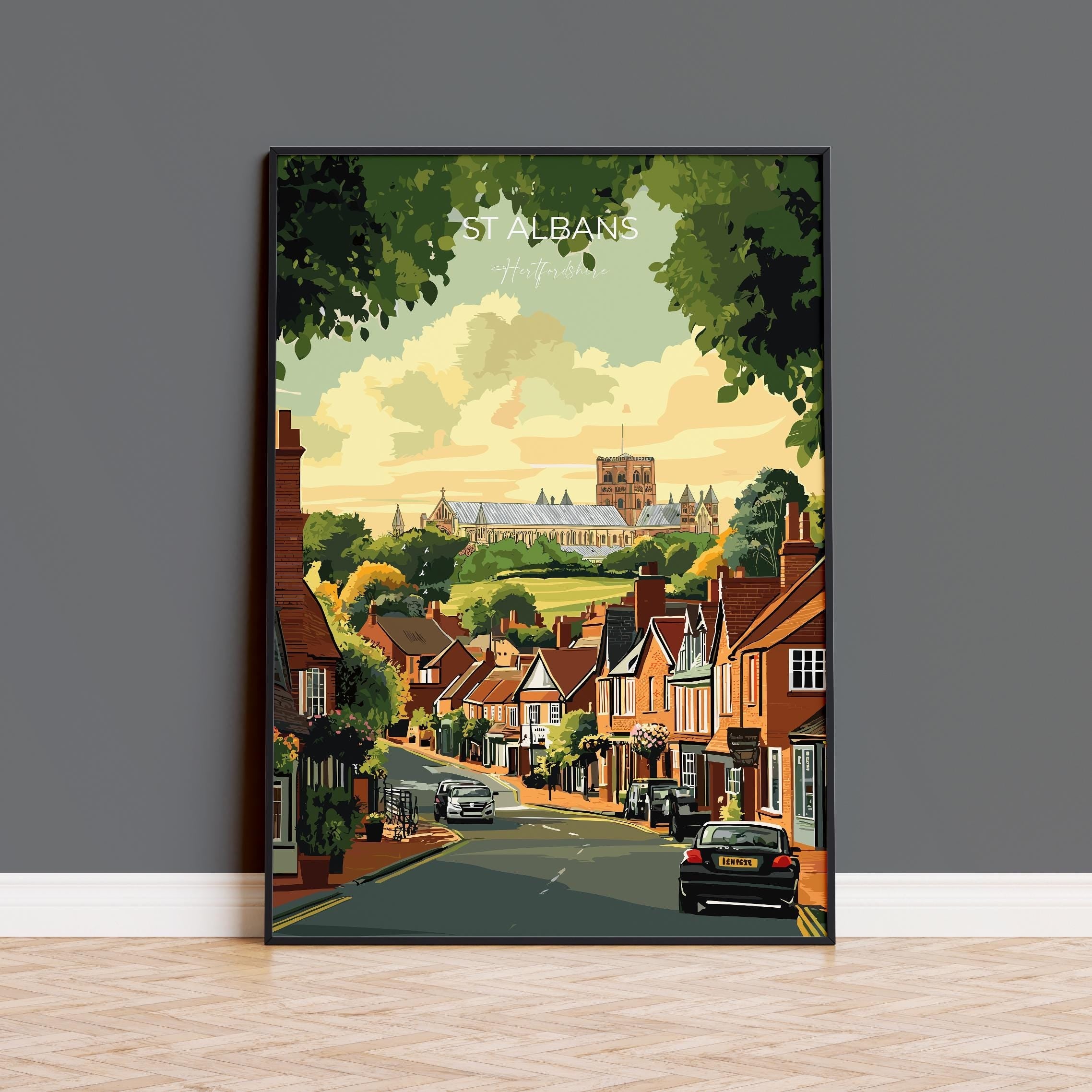 St Albans Travel Print Wall Art, Travel Poster of St Albans, Hertfordshire, England, English Cathedral City Gift NQ Media Designs