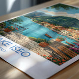 Lake Iseo Italy Print, Italian Lakes Wall Art with Border, Lombardy Poster, Lakeside Village Print, Iseo Gift