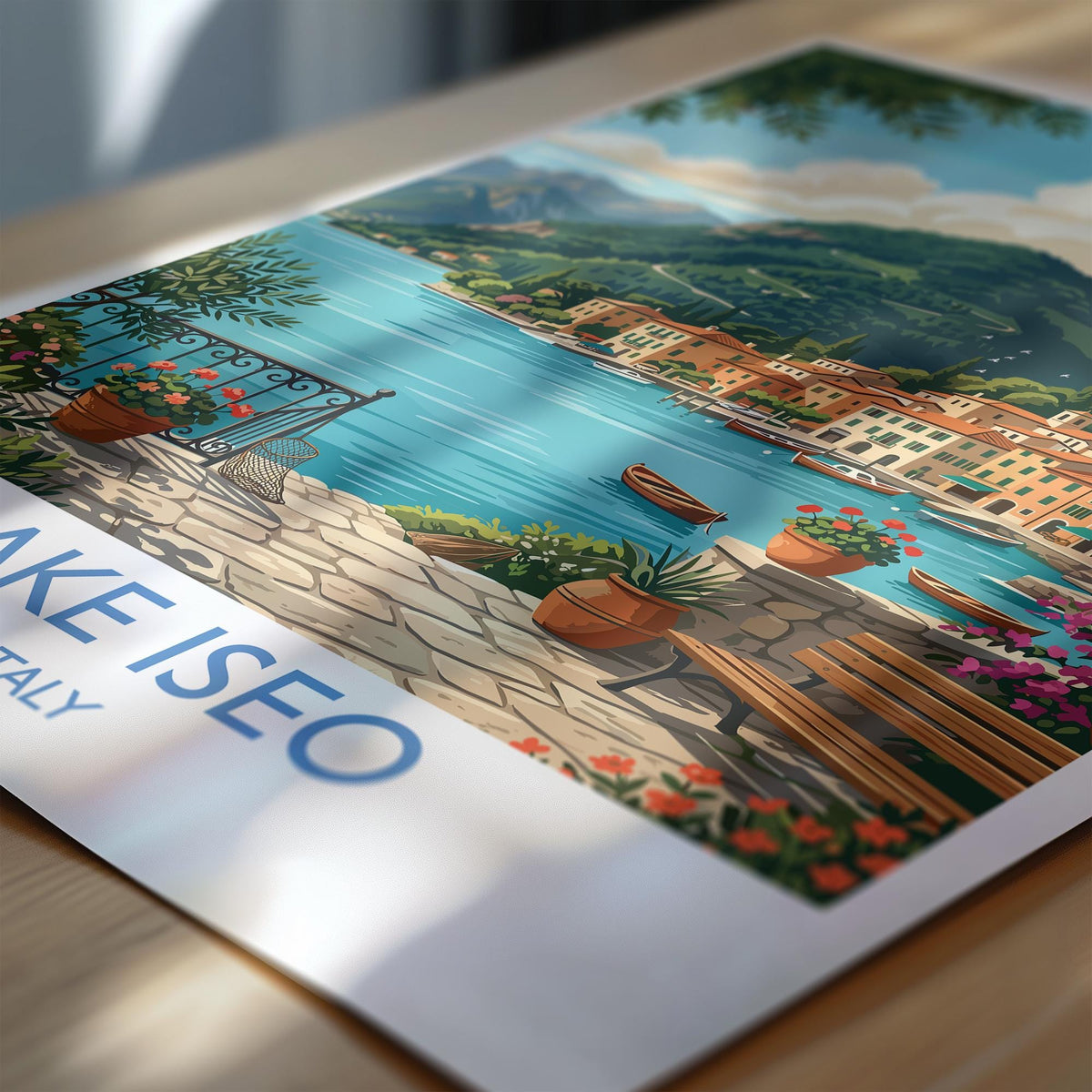 Lake Iseo Italy Print, Italian Lakes Wall Art with Border, Lombardy Poster, Lakeside Village Print, Iseo Gift