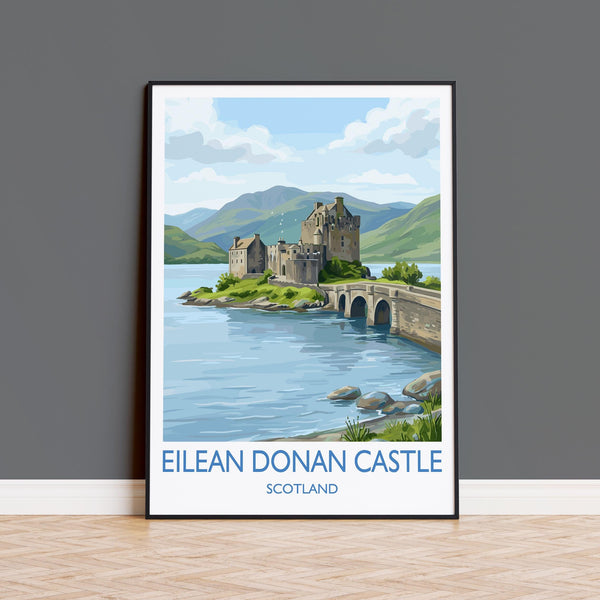 Eilean Donan Castle Scotland Travel Poster, Scottish Highlands Castle Wall Art, Landscape Print, Iconic Scotland Illustration, UK Decor