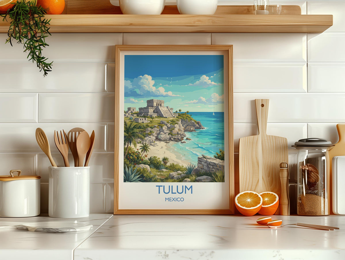 Tulum Mexico Print, Mayan Ruins Wall Art with Border, Caribbean Poster, Mexico Travel Print, Tulum Gift Print