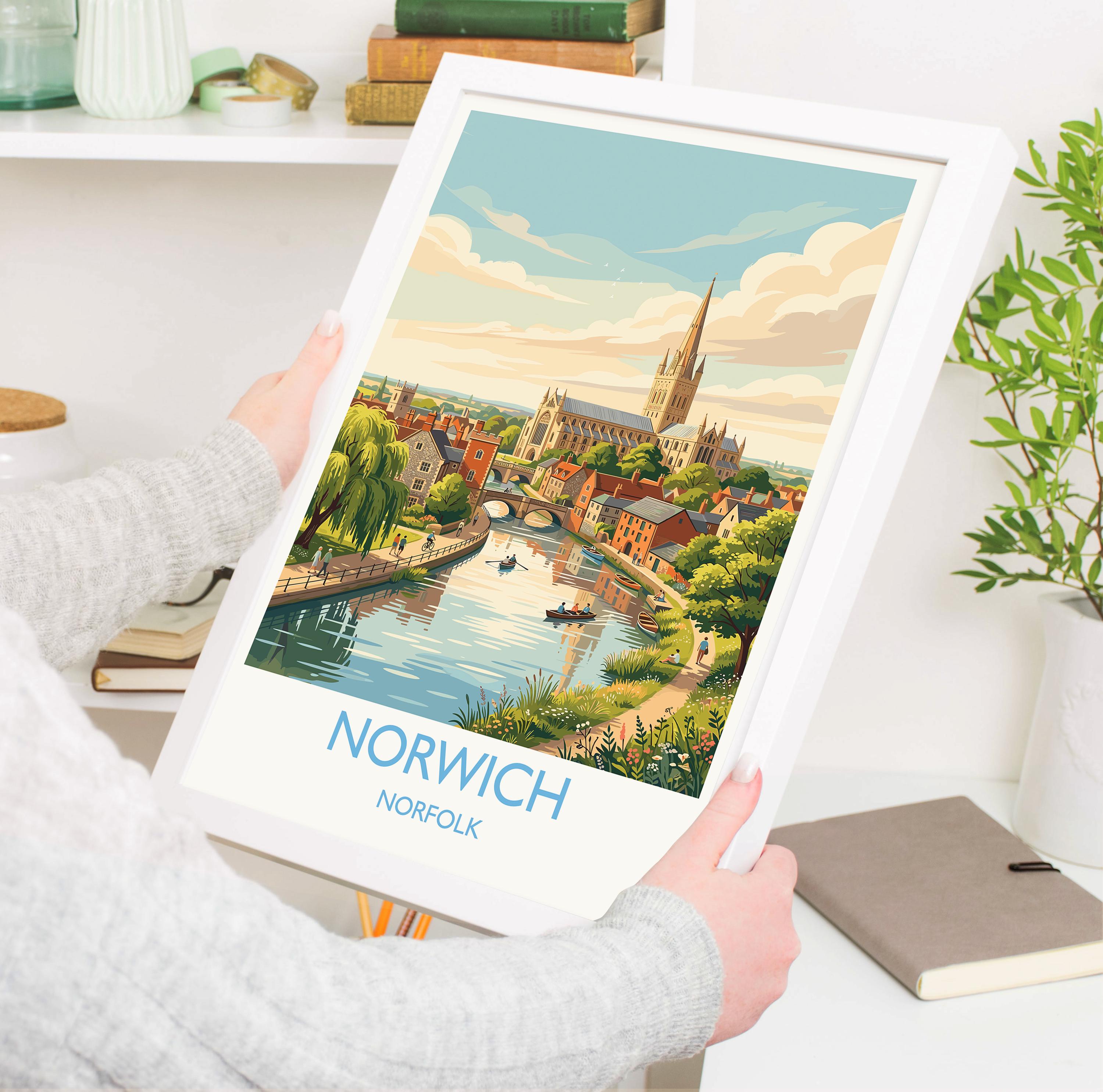 Norwich Norfolk Print, Historic Cathedral City Wall Art, English City Travel Poster, Norfolk Decor, UK Gift