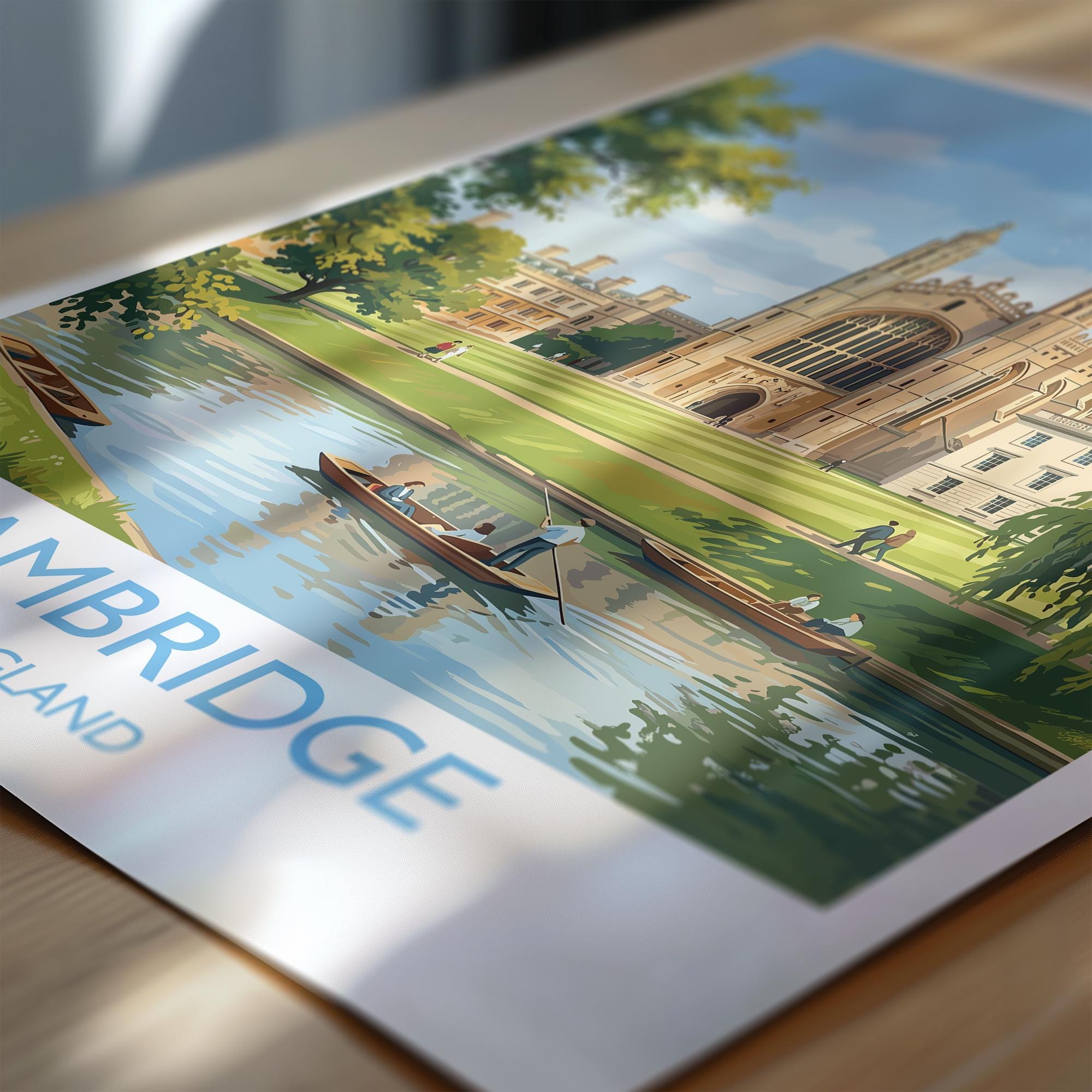 Cambridge Travel Poster, Kings College Cambridge Wall Art, River Cam Punting Scene Print, Historic University Illustration, UK Vintage Style NQ Media Designs