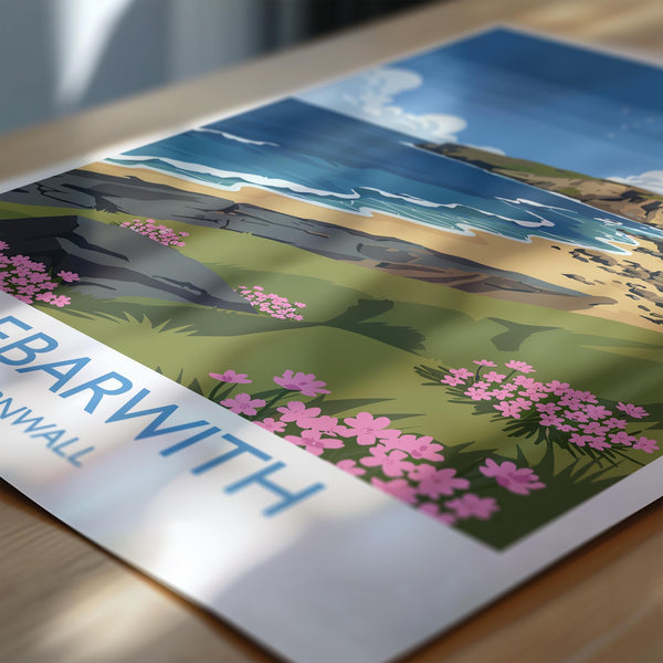 Trebarwith Travel Print, Travel Poster of Trebarwith, England, Cornwall Art, Trebarwith Art Lovers Gift, Wall Art Print