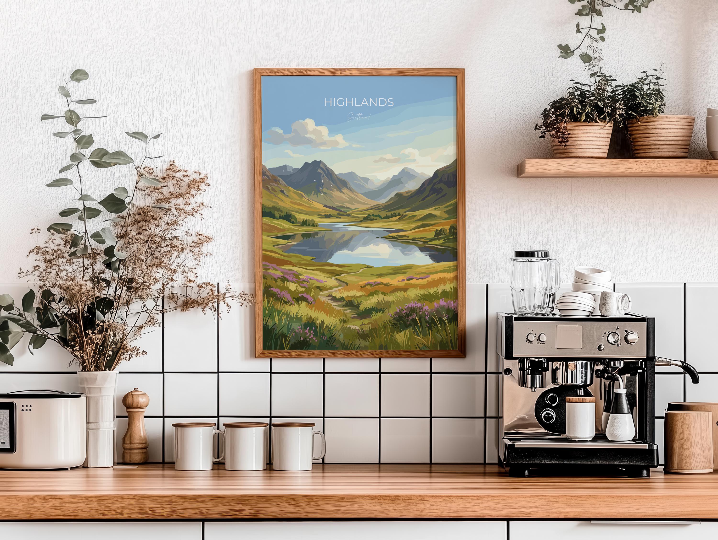 Scottish Highlands Travel Poster, Scotland Landscape Wall Art, Mountain & Loch Print, Dramatic Nature Illustration, UK Decor, Scotland Gift