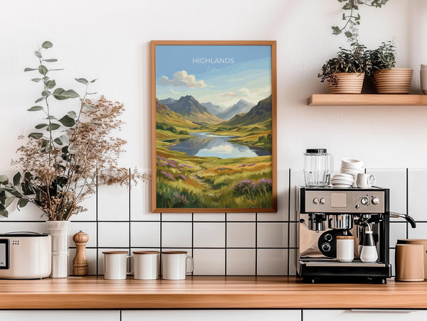 Scottish Highlands Travel Poster, Scotland Landscape Wall Art, Mountain & Loch Print, Dramatic Nature Illustration, UK Decor, Scotland Gift