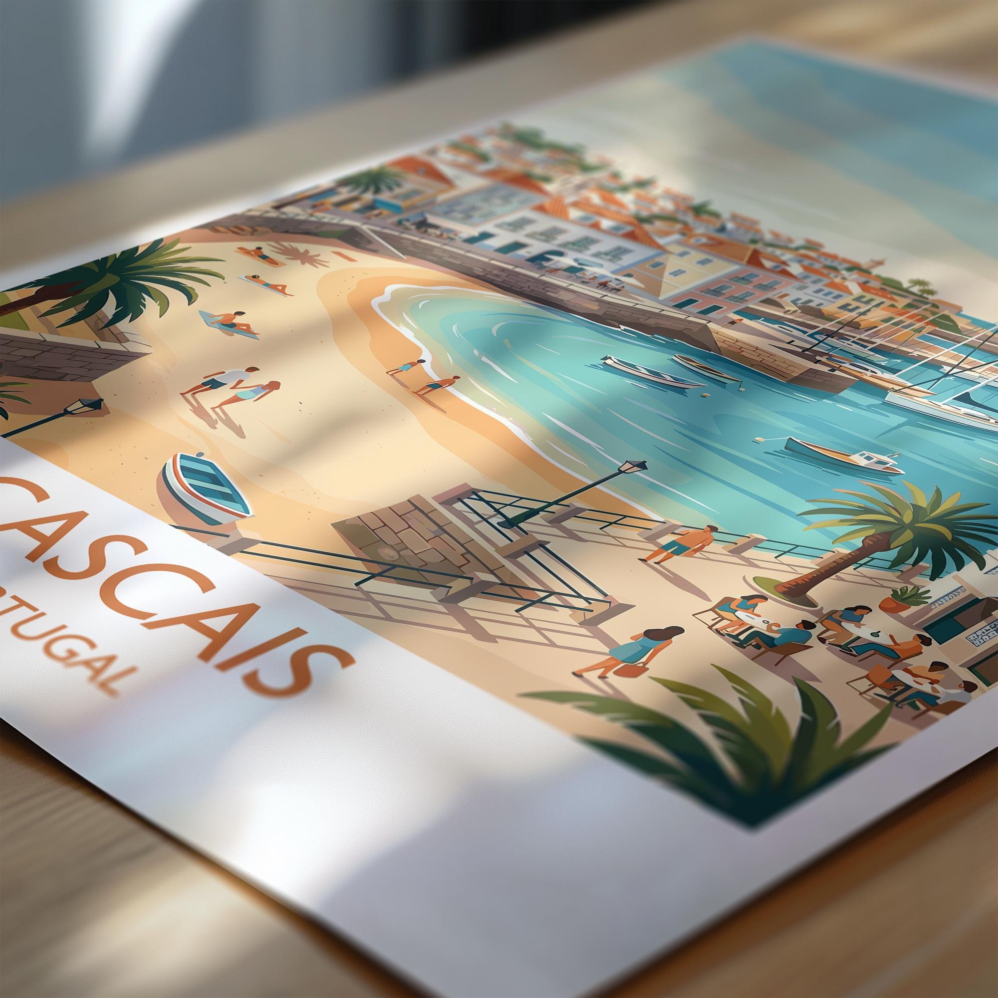 Cascais Portugal Travel Poster, Portuguese Coast Wall Art, Seaside Town Print, Atlantic Ocean Landscape Illustration, Europe Decor